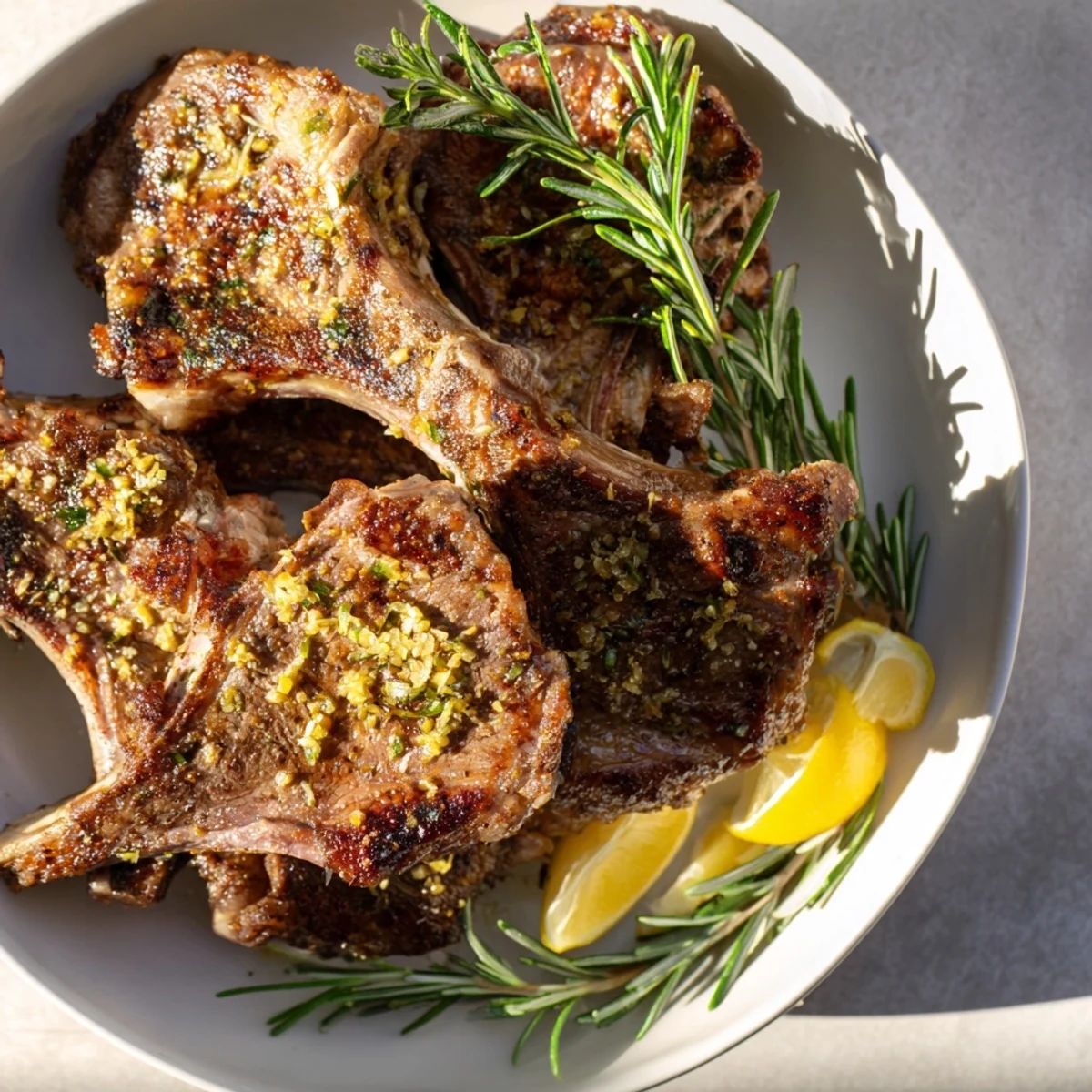 Golden-brown Air Fryer Lamb Chops with Rosemary and Garlic served on a plate with lemon wedges.