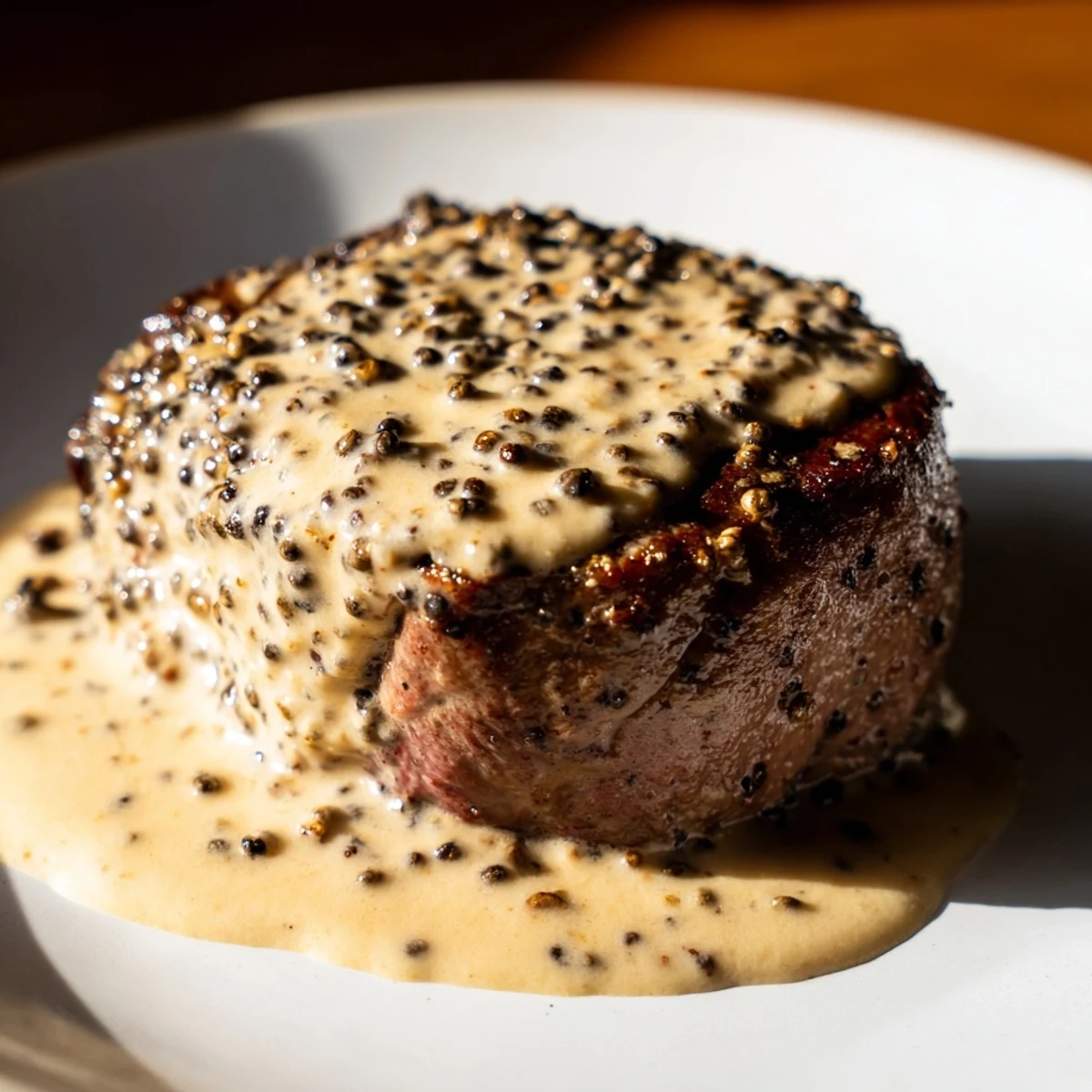 A close-up of succulent beef tenderloin steaks served on a white plate with a rich peppercorn sauce drizzled on top.