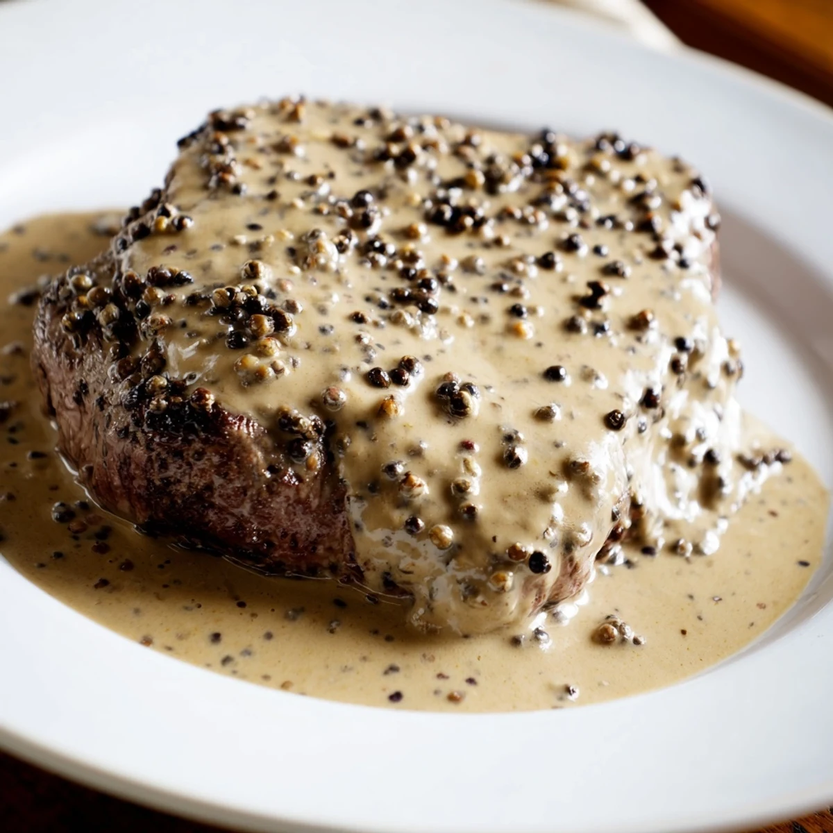 Golden-brown pan-seared beef tenderloin steaks glistening with a creamy peppercorn sauce in a cast-iron skillet.