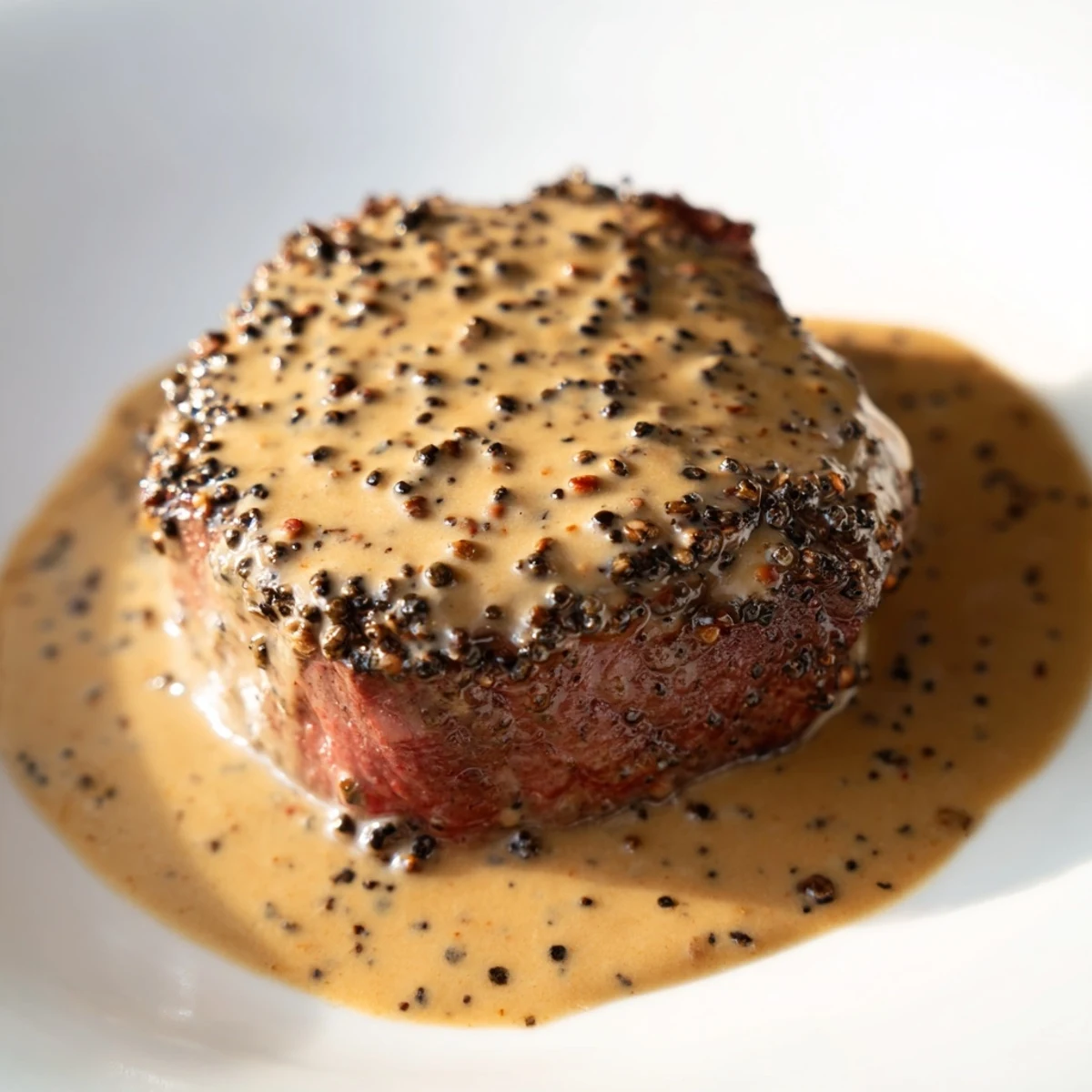 Beef Tenderloin Steaks with Peppercorn Sauce plated with roasted potatoes and fresh herbs for an elegant dinner.