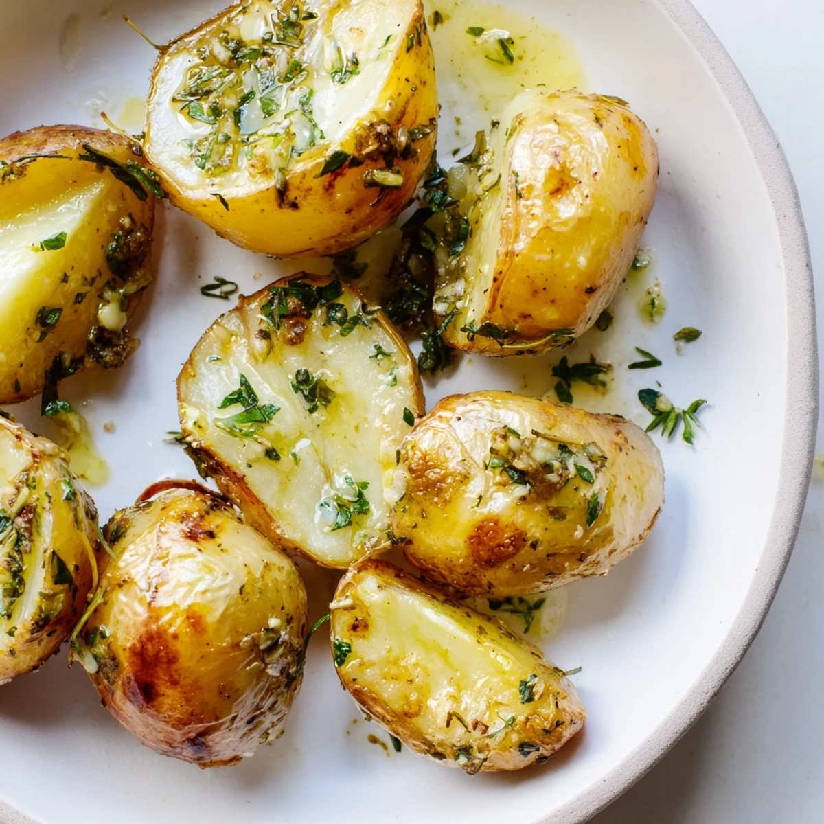 A close-up shows tender Roasted Radishes with Garlic Butter and Thyme, with melted butter and thyme leaves clinging to the surfaces.