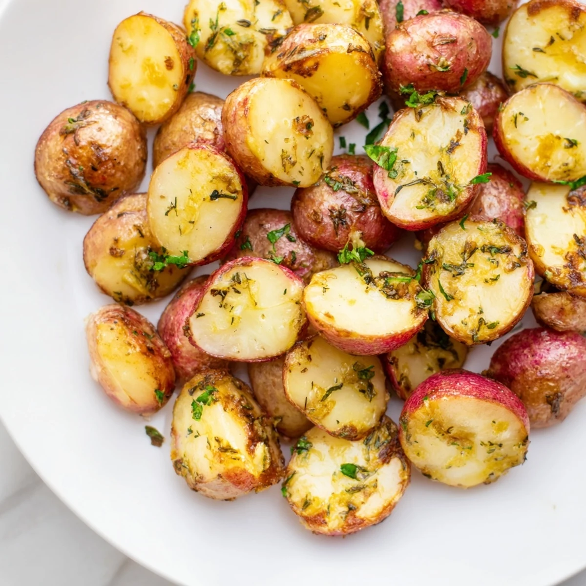 Roasted Radishes with Garlic Butter and Thyme glistens golden-brown on a rustic platter, garnished with fresh parsley and lemon wedges.