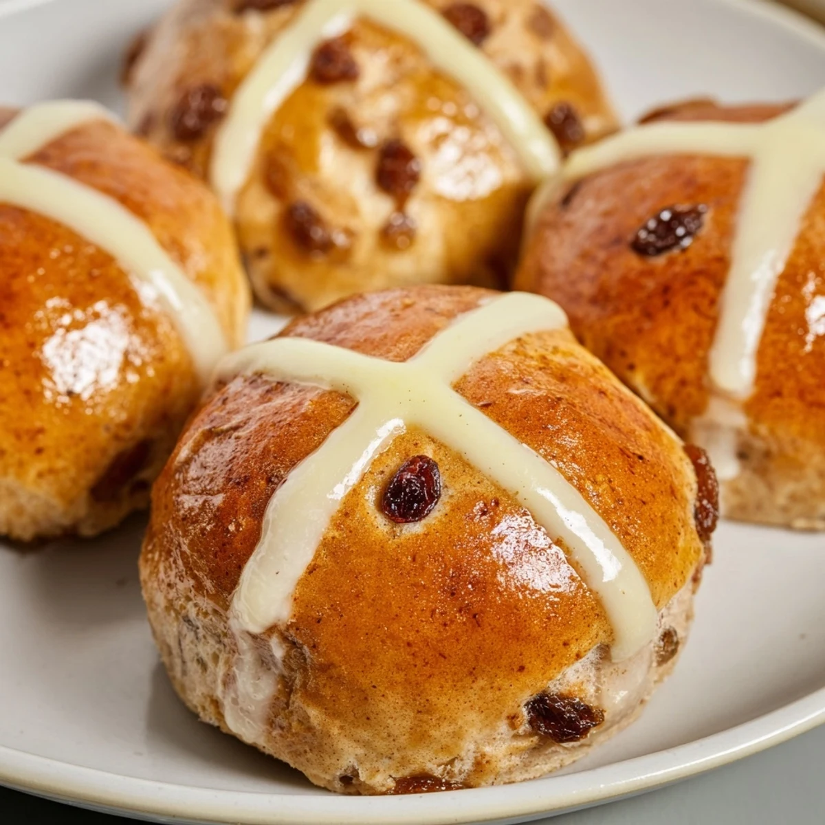 A warm plate of Hot Cross Buns with Currants and Spices served with tea and butter.
