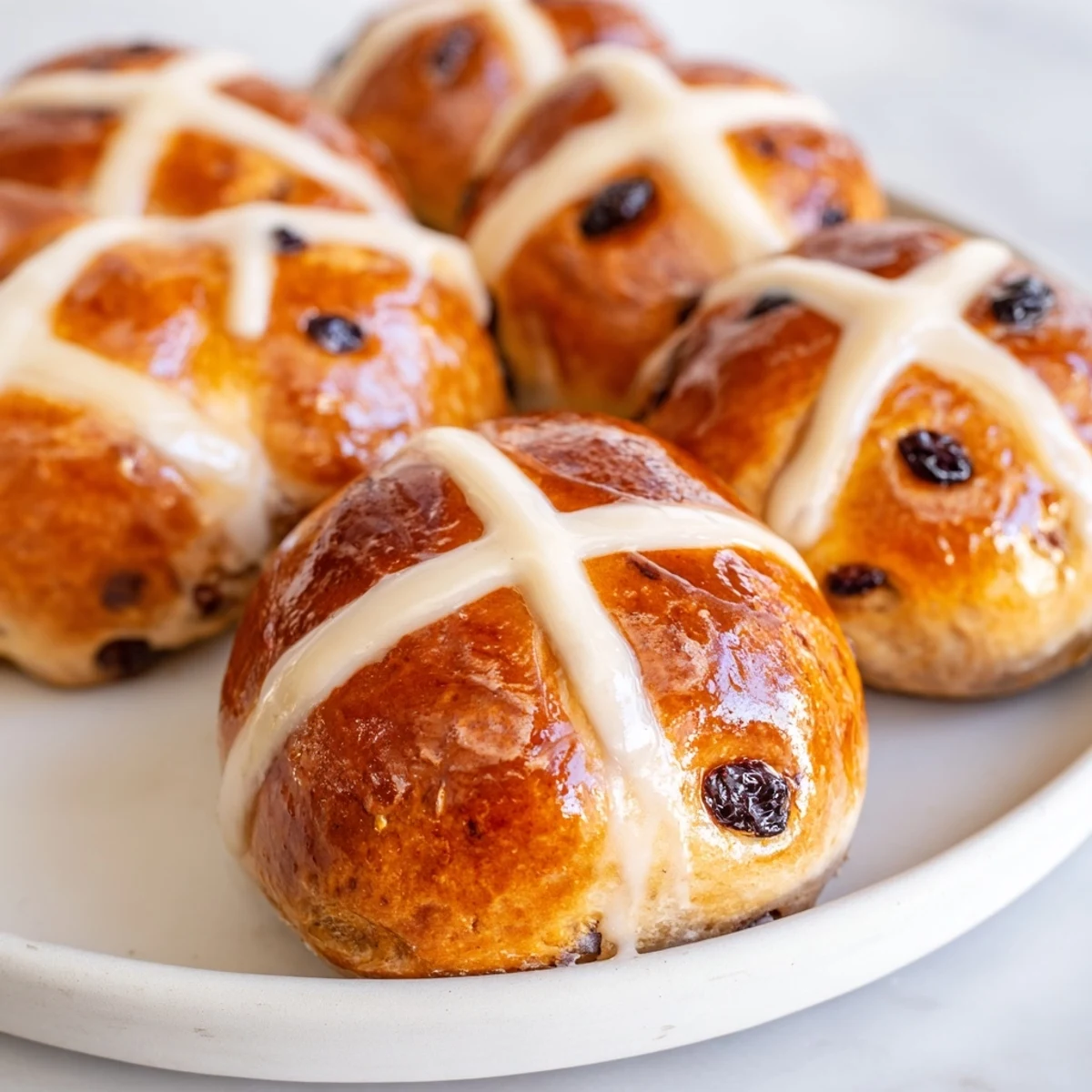 Close-up of soft Hot Cross Buns with Currants and Spices showing the piped cross and glaze.