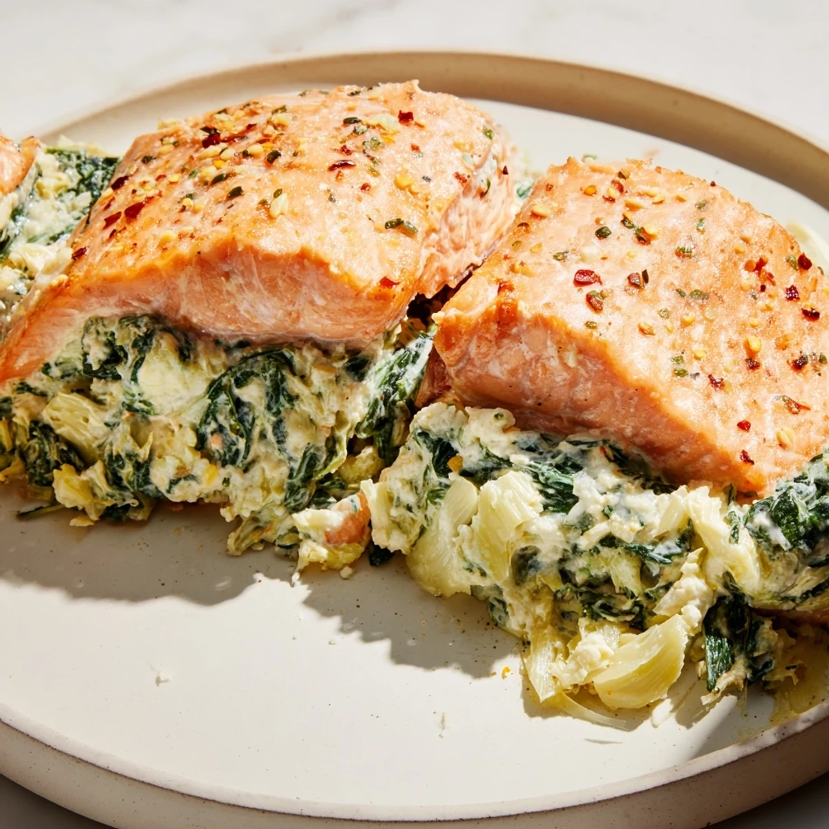 Golden-baked Creamy Spinach and Artichoke Stuffed Salmon fillets garnished with fresh lemon slices on a rustic plate.