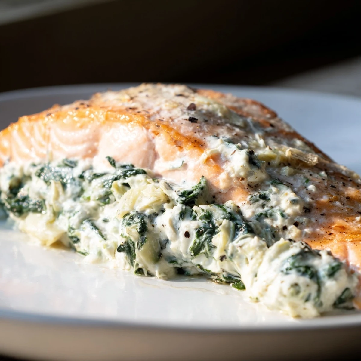 A close-up view of Creamy Spinach and Artichoke Stuffed Salmon revealing the rich, cheesy filling and flaky fish texture.