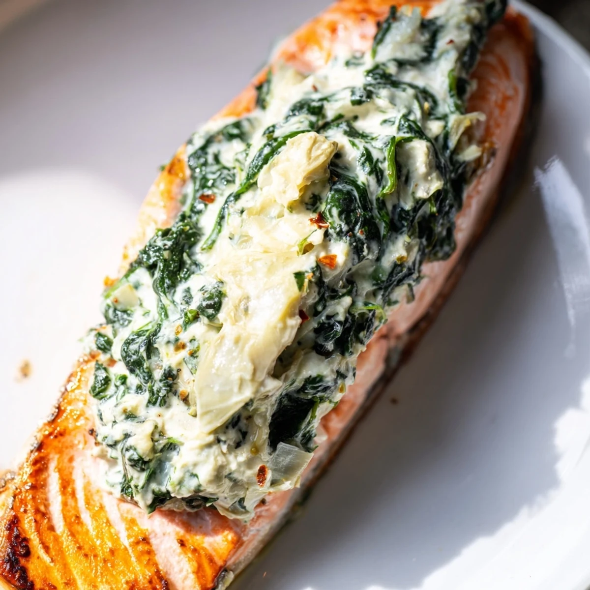 Tender salmon stuffed with a creamy spinach and artichoke mixture, served alongside roasted vegetables and a fresh green salad.