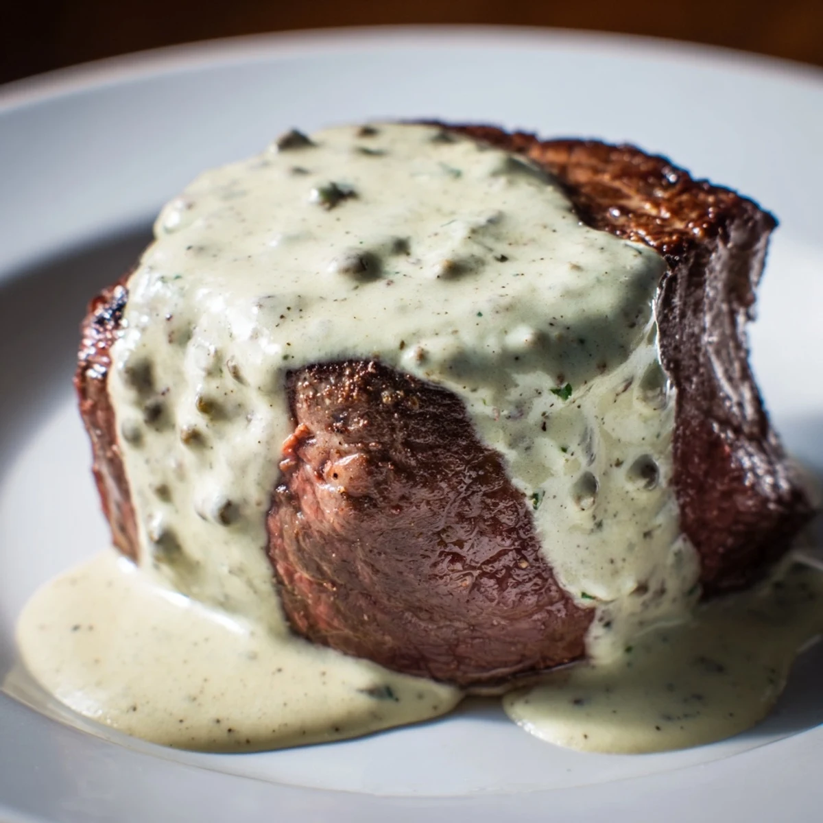 Sizzling seared beef tenderloin steaks with peppercorn cream sauce and roasted potatoes.
