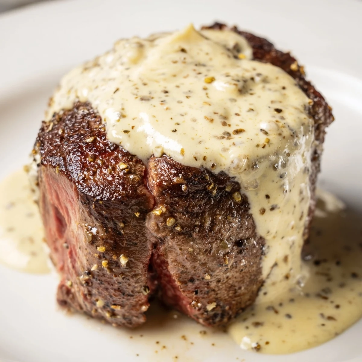Beef tenderloin with peppercorn cream sauce plated beside crisp green beans.