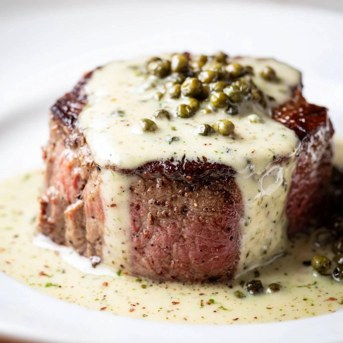 Juicy beef tenderloin slices coated in peppercorn cream sauce, ready to serve.