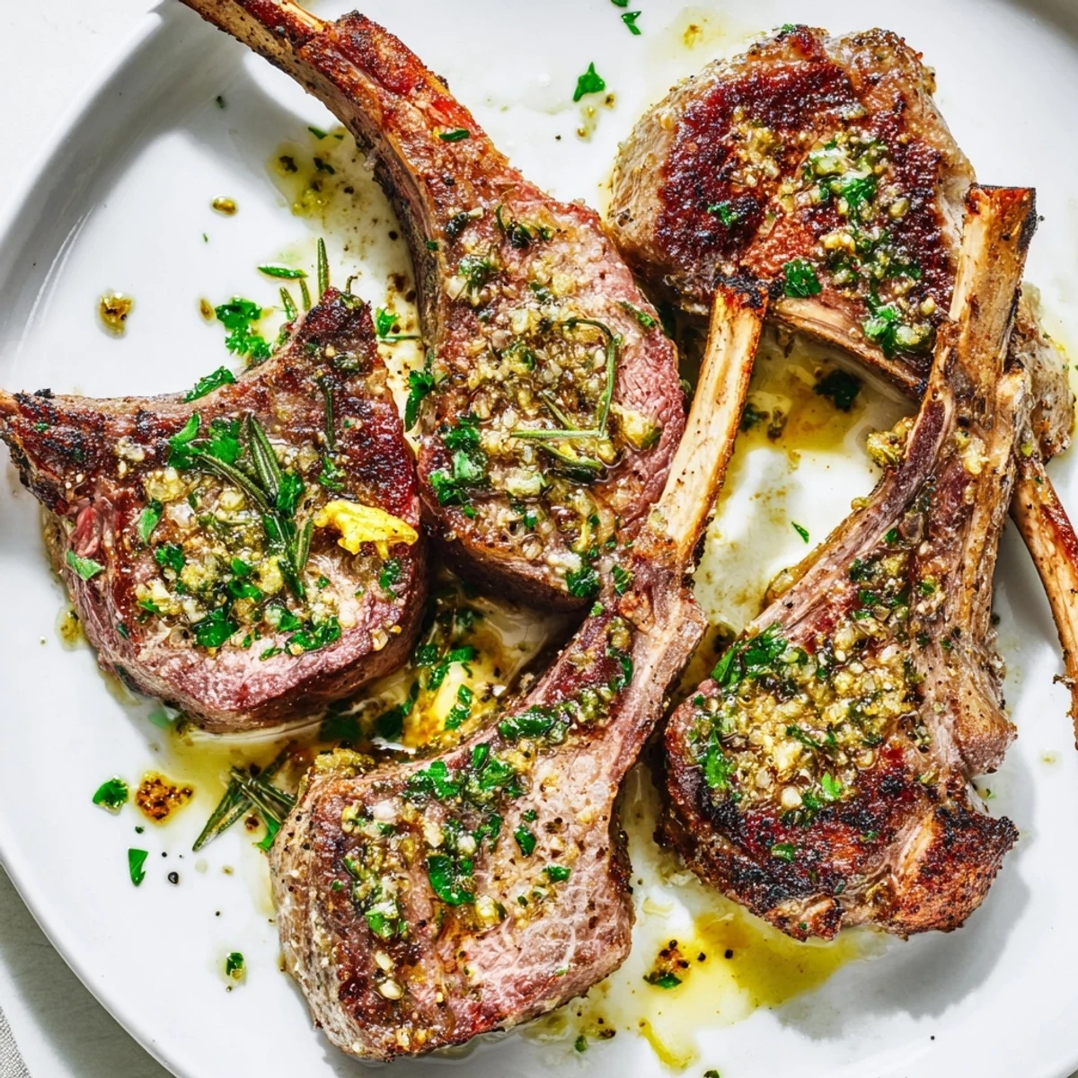 Golden-brown Air Fryer Lamb Chops with Lemon Butter sizzle in the air fryer basket, ready to serve.