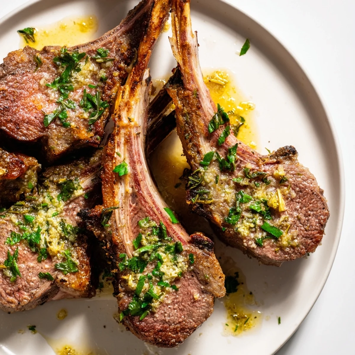 Perfectly cooked Air Fryer Lamb Chops with Lemon Butter rest on a plate, drizzled with sauce.