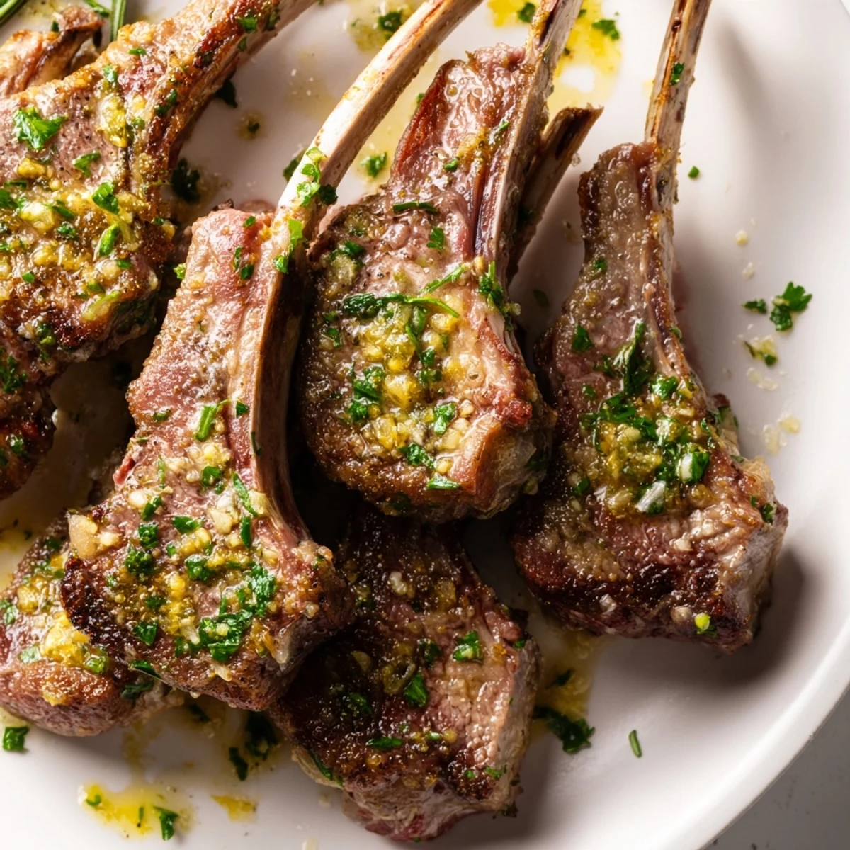 Plated Air Fryer Lamb Chops with Lemon Butter sit beside roasted vegetables for a delicious dinner.