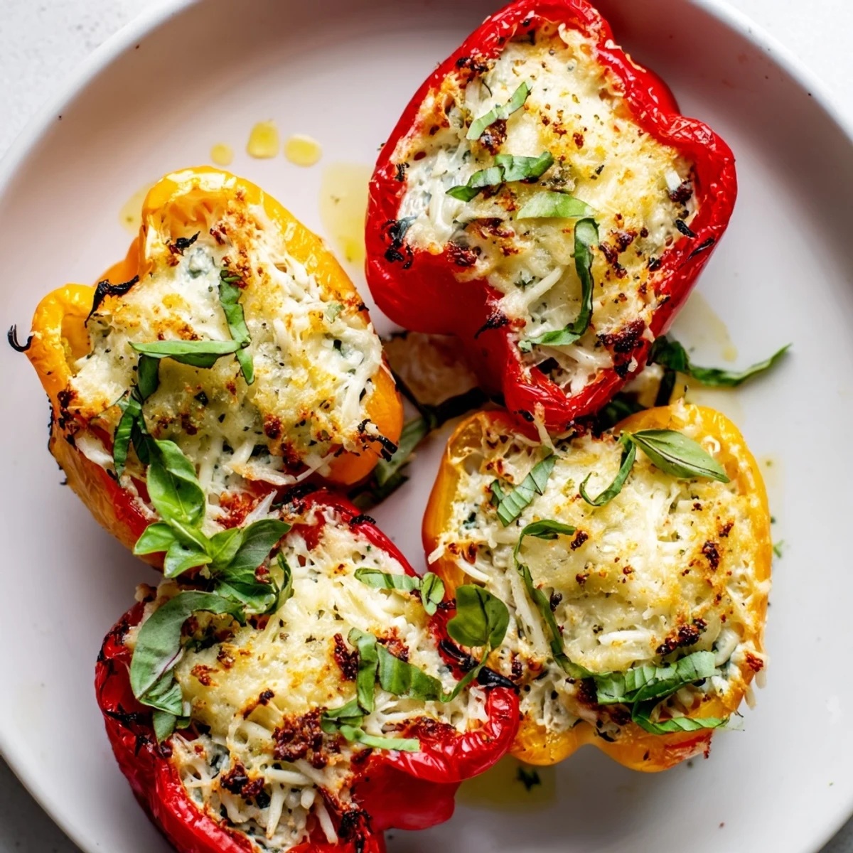 Golden-baked Ricotta Stuffed Peppers filled with creamy cheese and fresh herbs beside a green salad.