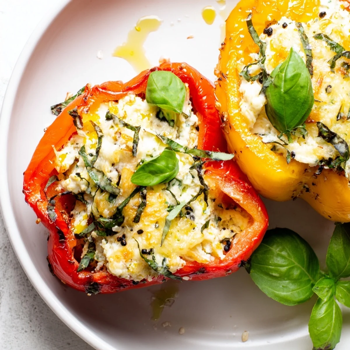 Roasted Ricotta Stuffed Peppers on a white plate, golden tops bubbling with mozzarella and Parmesan.