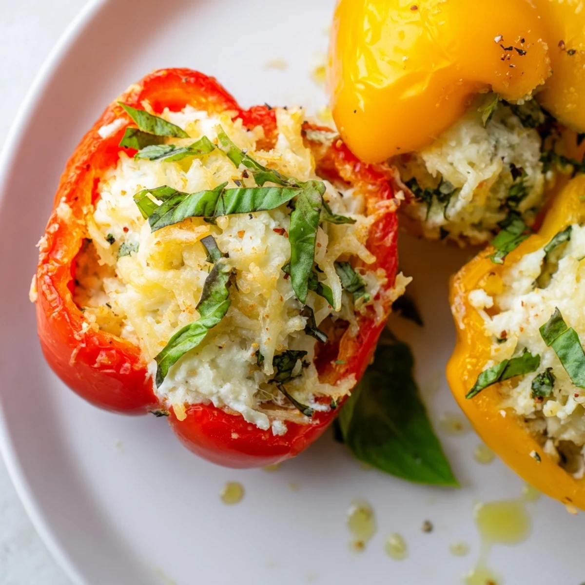 Vibrant Ricotta Stuffed Peppers fresh from the oven, garnished with basil and served with crusty bread.