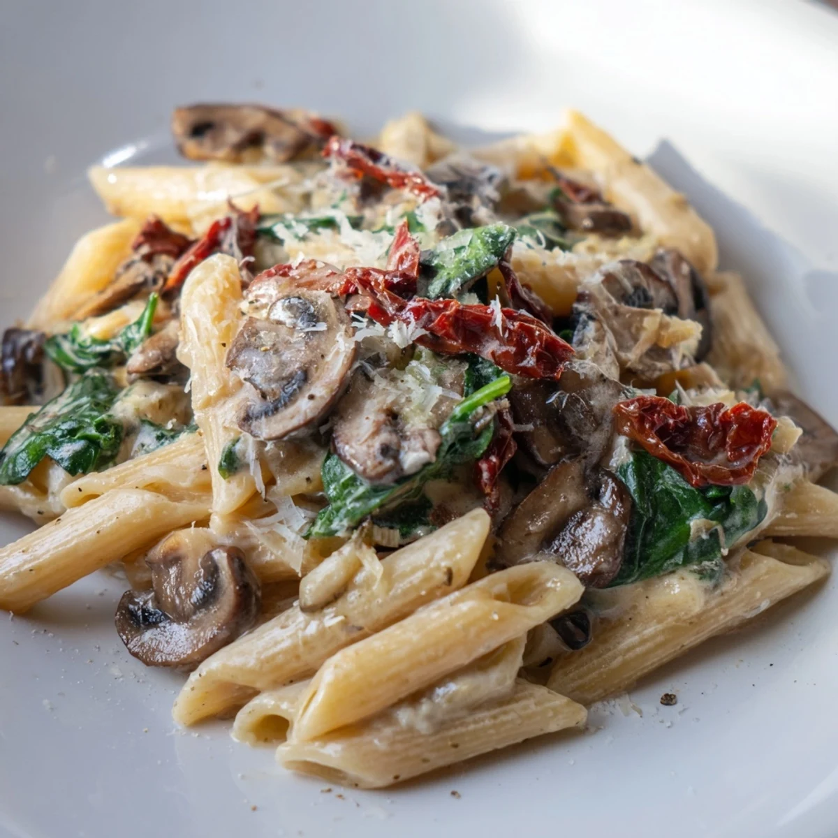 Cremy Tuscan Mushroom Pasta Skillet served steaming in a black cast-iron pan with basil garnish.