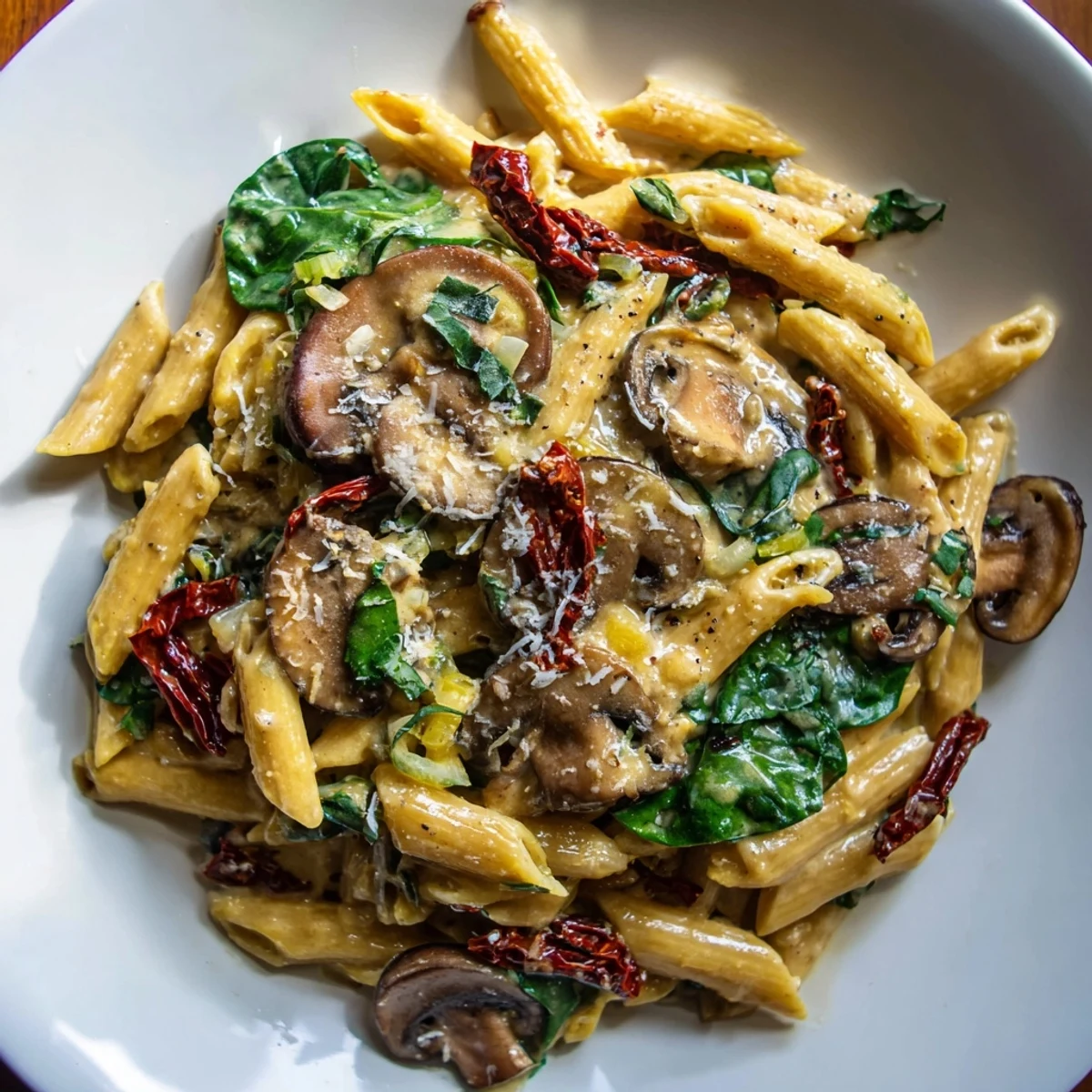 Plate of Creamy Tuscan Mushroom Pasta Skillet with spinach, sun-dried tomatoes, and crusty bread side.