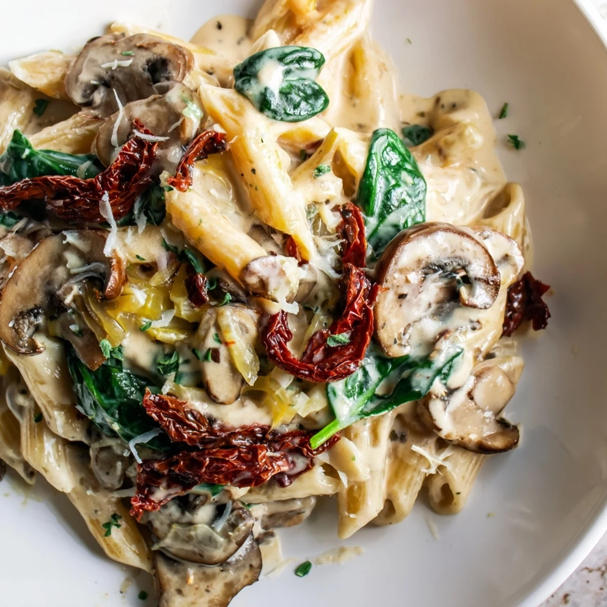 A close view of Creamy Tuscan Mushroom Pasta Skillet highlighting sautéed mushrooms and melted Parmesan sauce.
