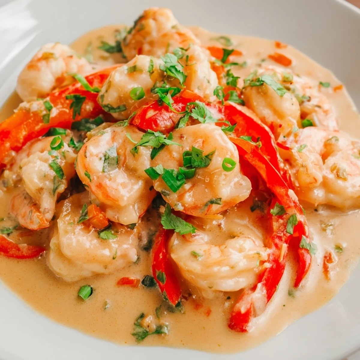 Steaming Garlic Shrimp in Coconut Milk served in a white bowl over jasmine rice.