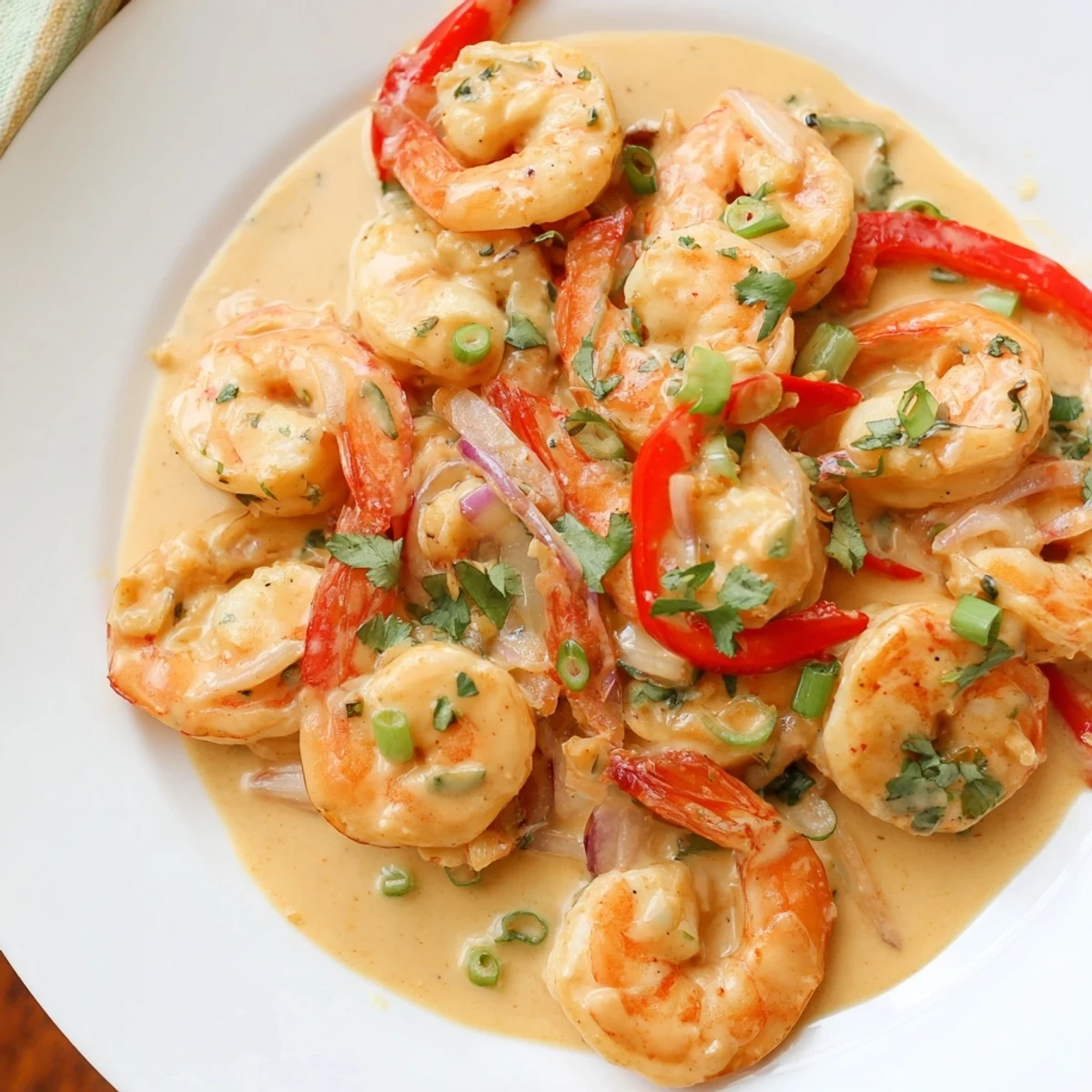 A close-up of Garlic Shrimp in Coconut Milk garnished with fresh cilantro and green onions.
