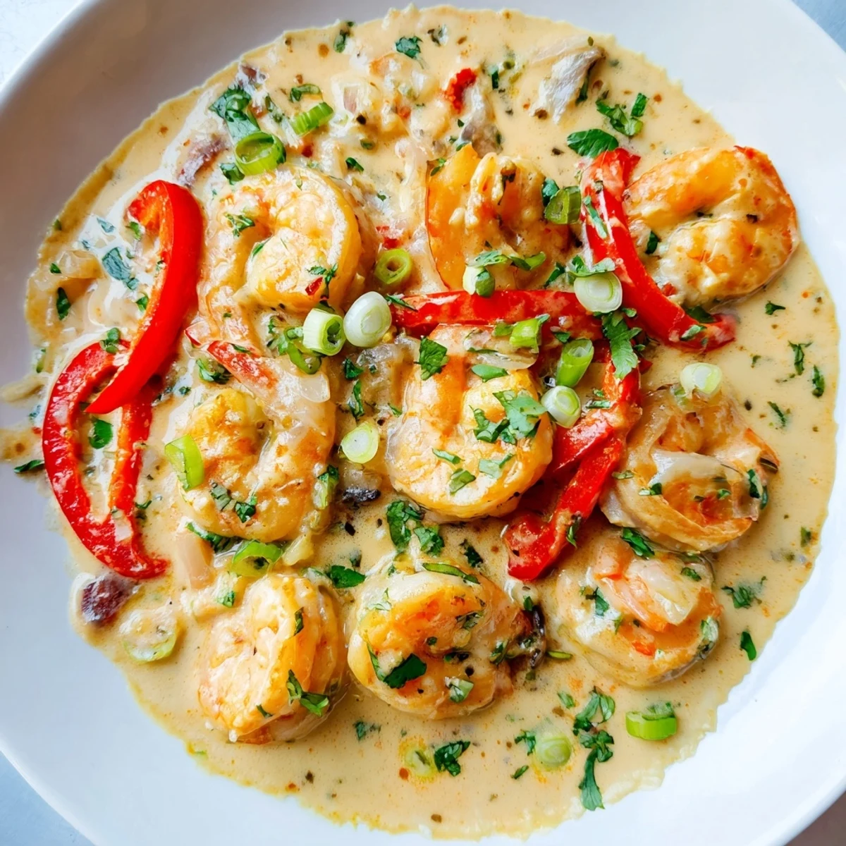 Skillet of Garlic Shrimp in Coconut Milk with red bell pepper slices and lime wedges.
