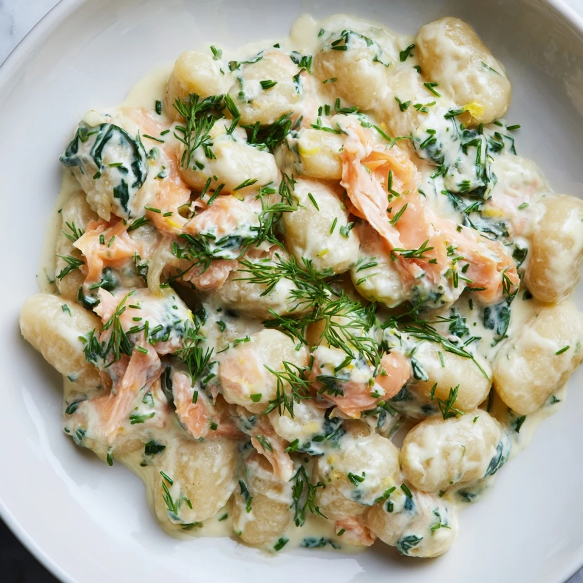 Pillowy gnocchi tossed in a light cream sauce with smoked salmon, fresh spinach, and dill, served with lemon wedges.