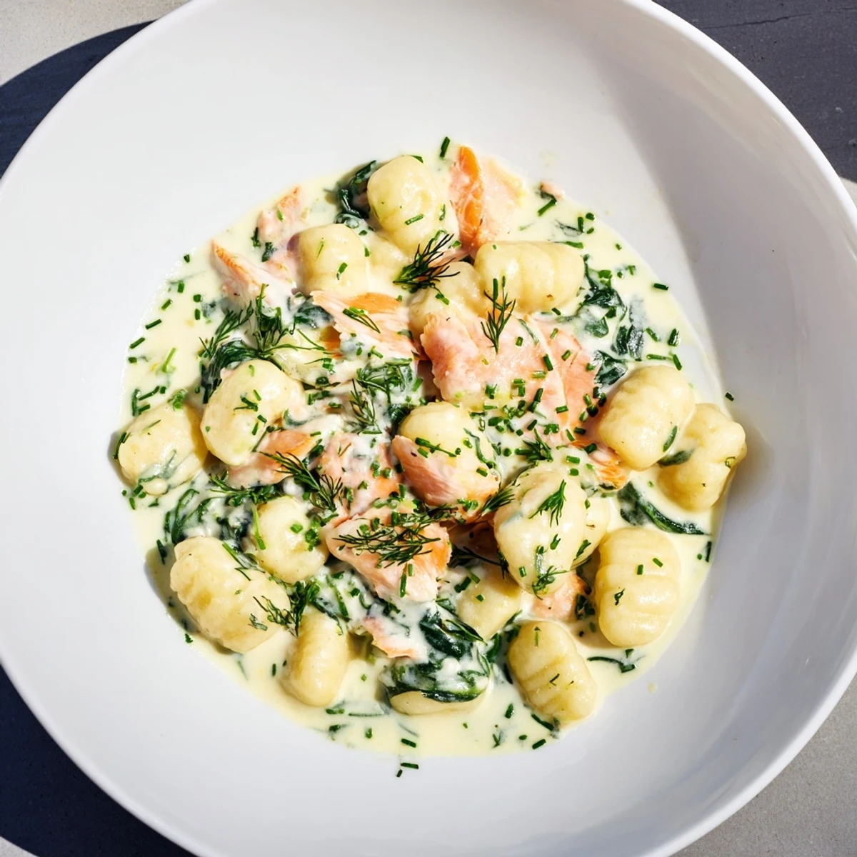 A close-up of Healthy Smoked Salmon Gnocchi in a skillet, featuring silky salmon pieces and vibrant green herbs.