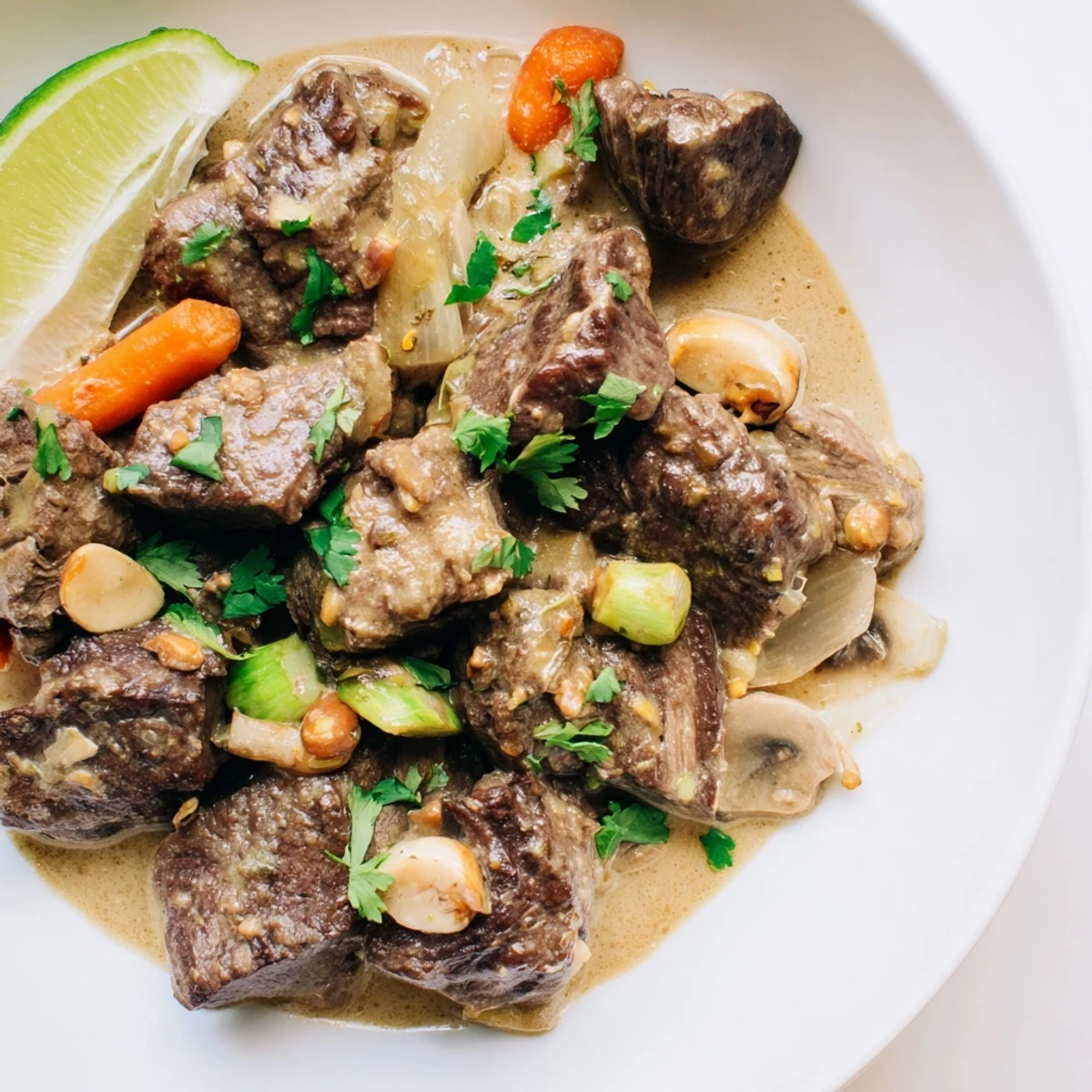 A warm bowl of Lemongrass Coconut Braised Beef with Mushrooms, rich with aromatic herbs.