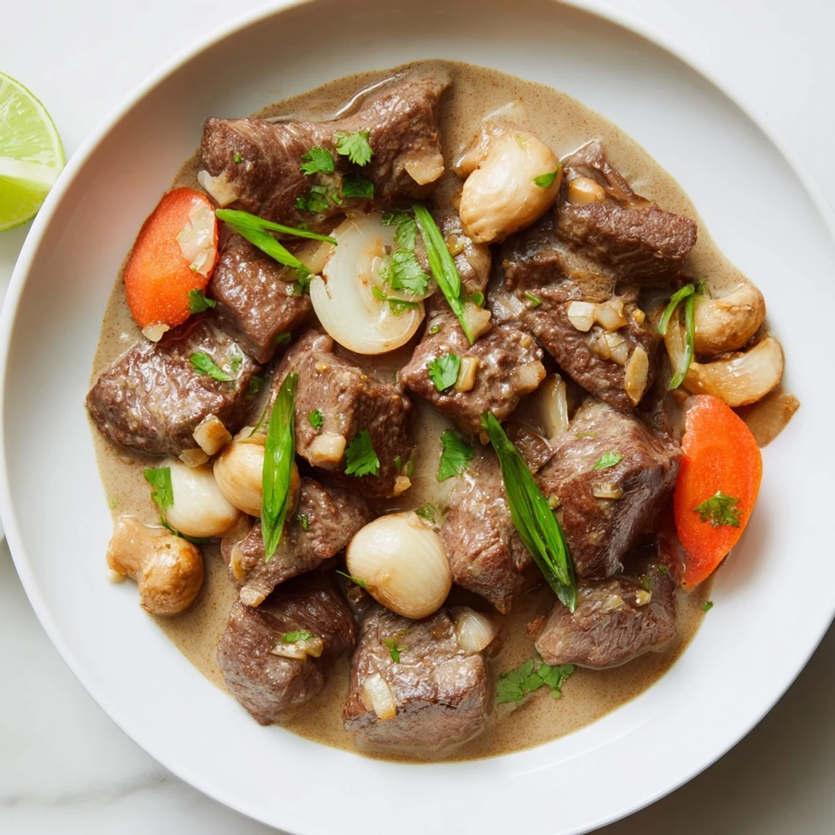 Hearty Lemongrass Coconut Braised Beef with Mushrooms served over fluffy steamed jasmine rice.