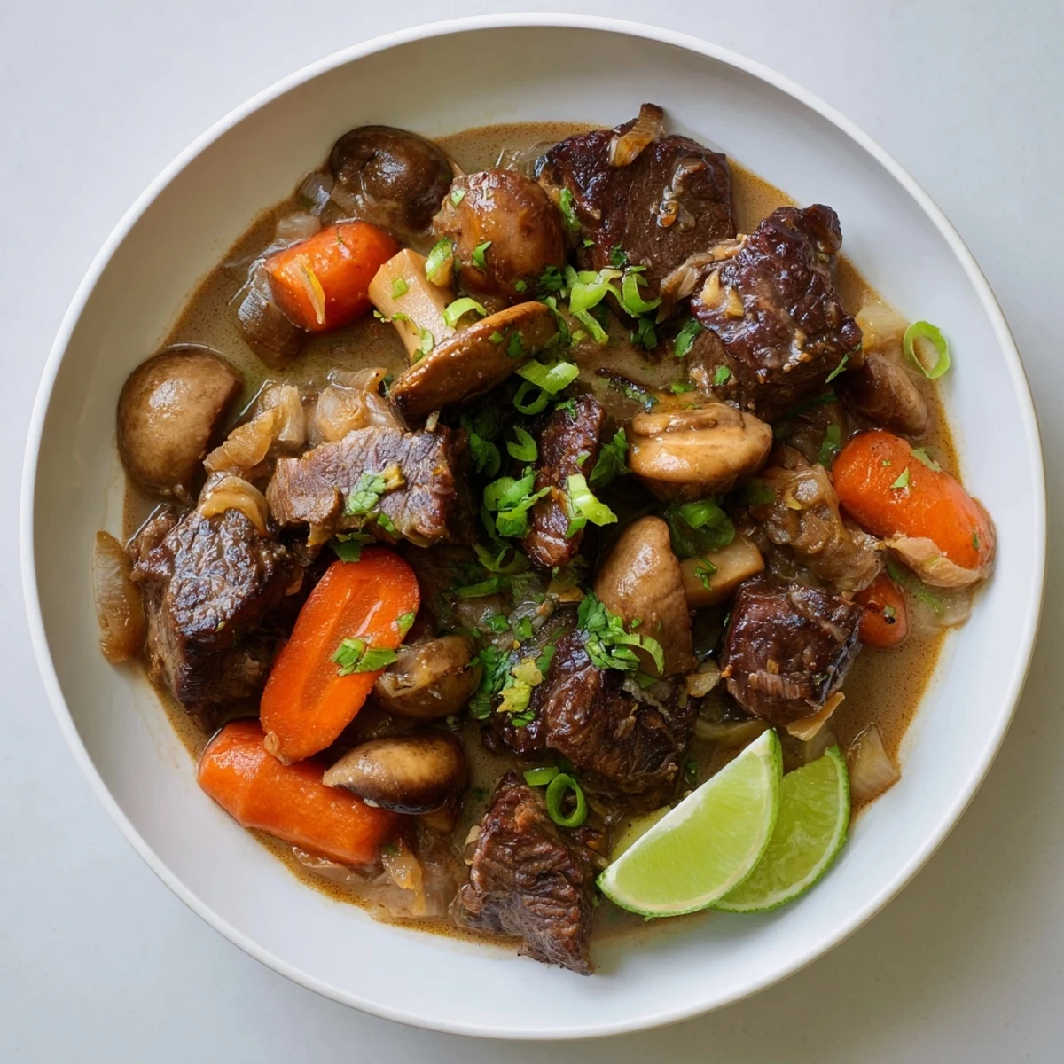 Tender chunks of Lemongrass Coconut Braised Beef with Mushrooms garnished with fresh cilantro.