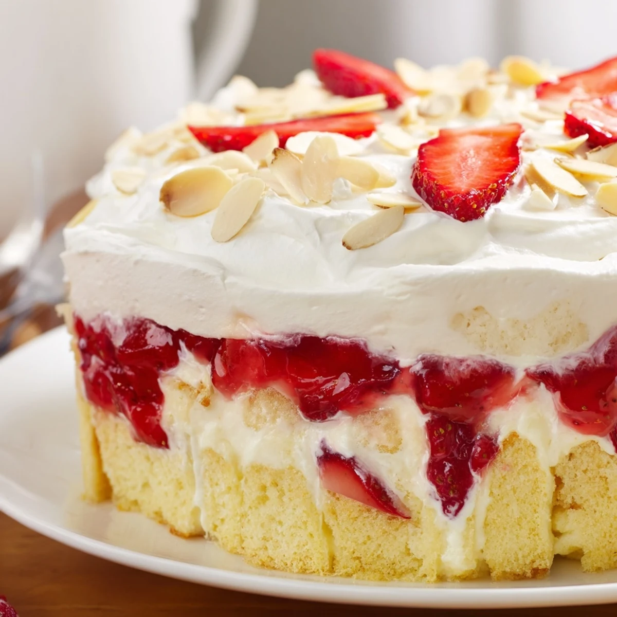 Luscious slices of Heaven on Earth Cake with creamy vanilla pudding and sweet strawberries layered in a glass trifle dish.