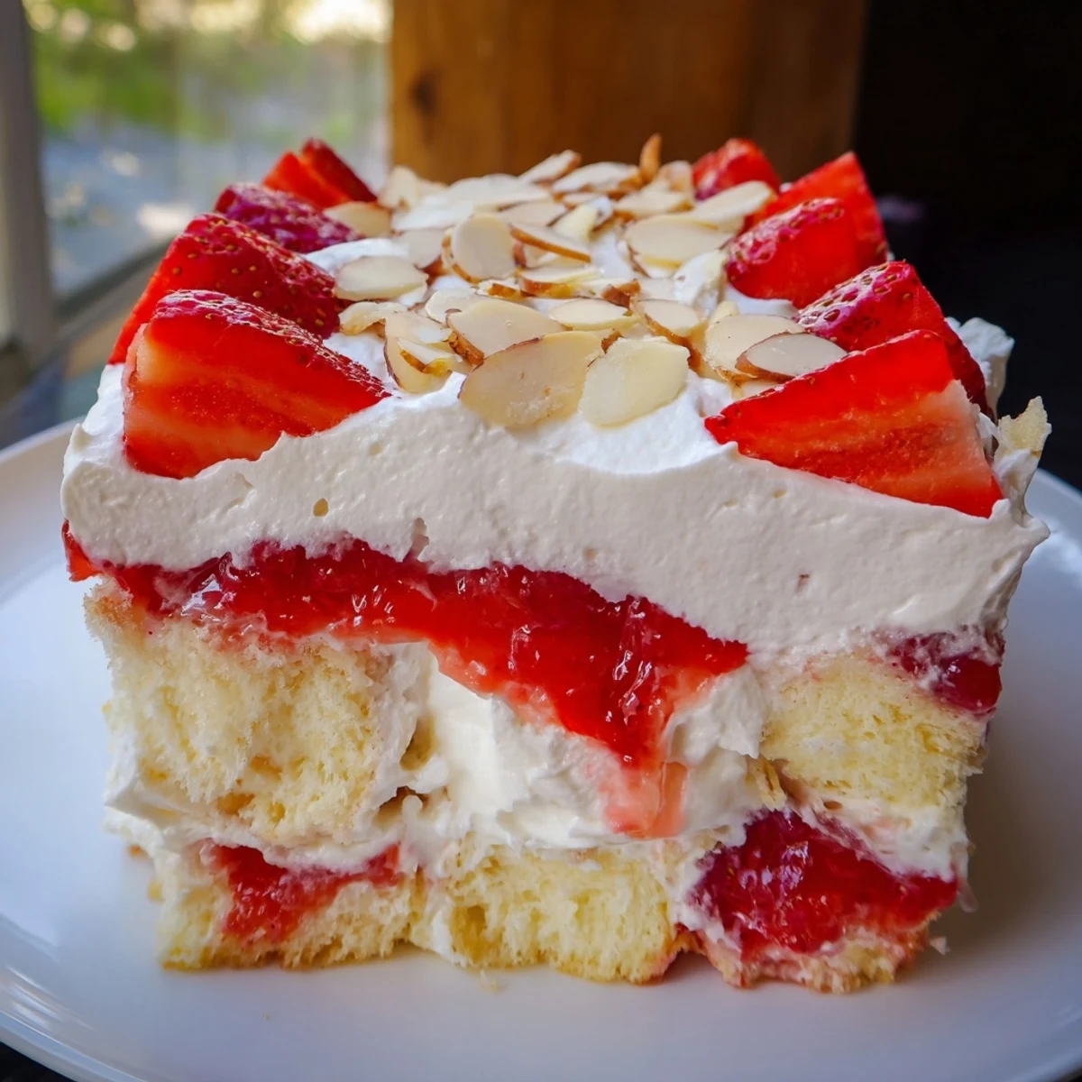Heaven on Earth Cake served chilled in a clear dish, showcasing fluffy angel food cake and ruby-red strawberry filling.