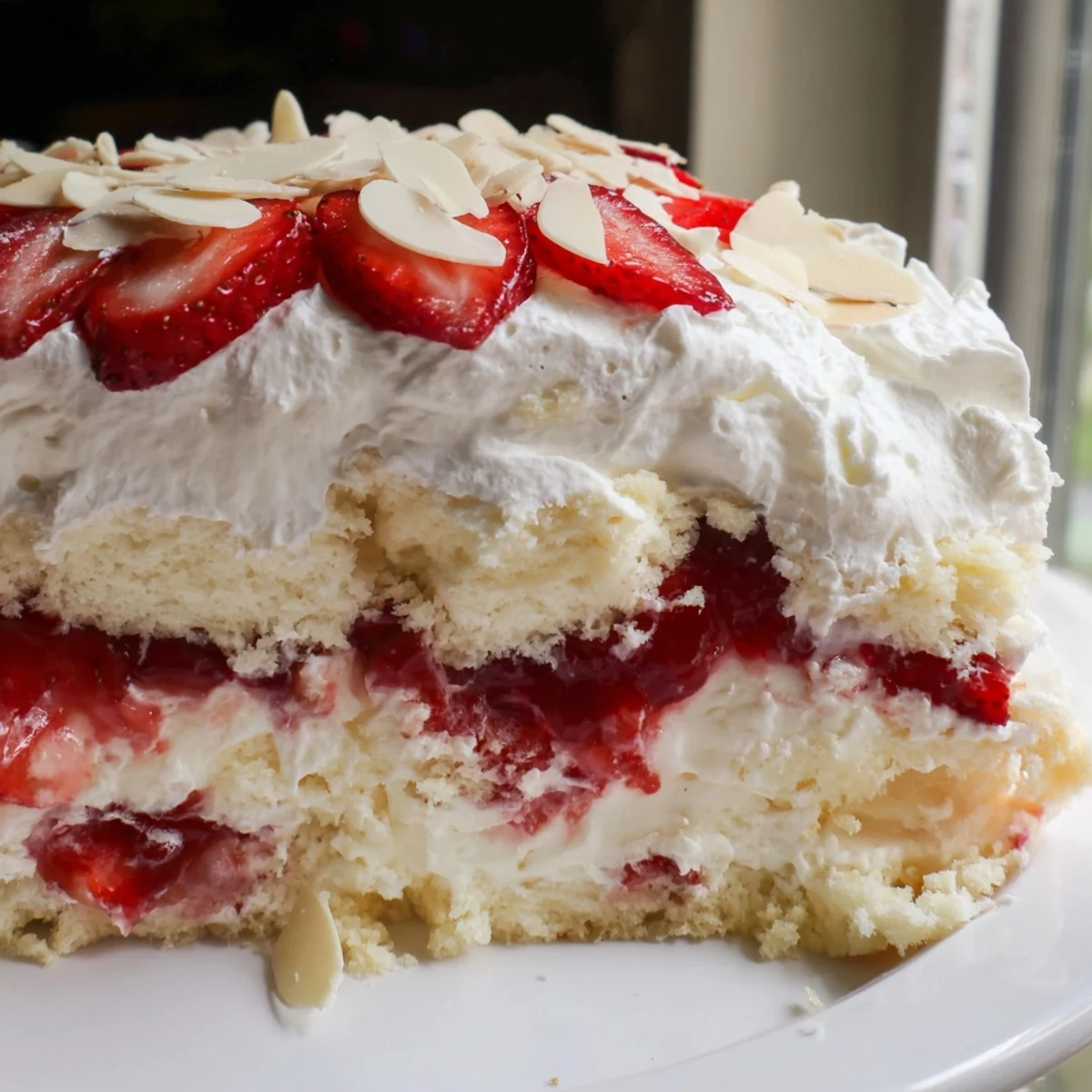 A generous portion of Heaven on Earth Cake topped with whipped cream and sliced almonds, ready for a summer gathering.