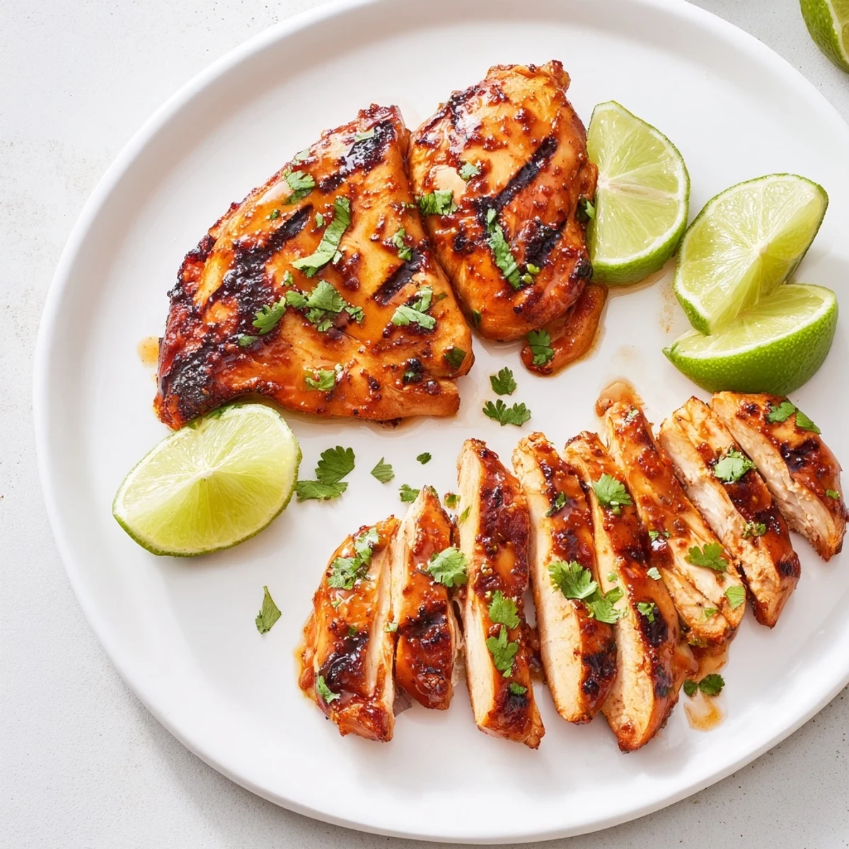 Juicy slices of Spicy Honey Lime Chicken served alongside fluffy white rice and vibrant lime wedges for squeezing.