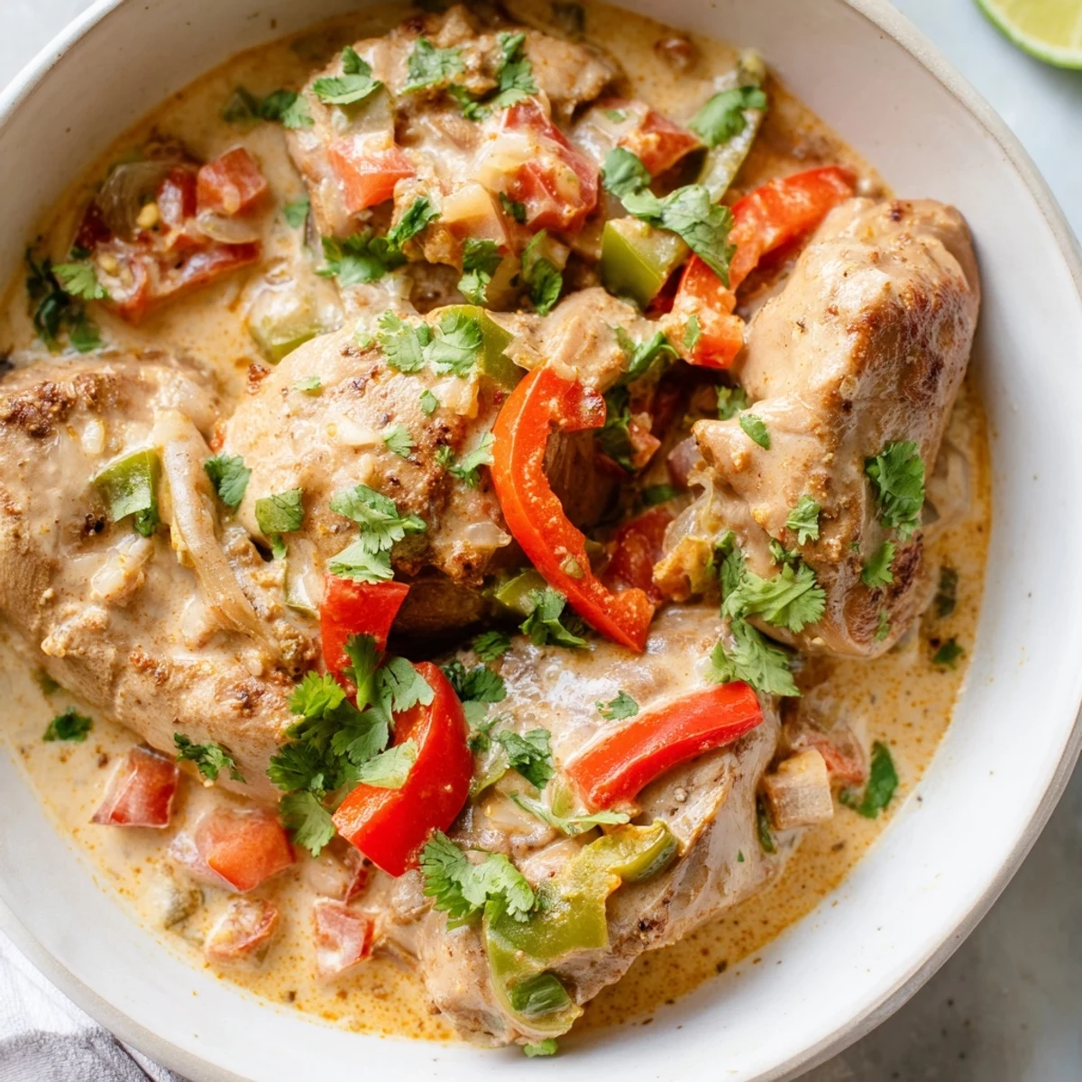 Creamy Brazilian Coconut Chicken simmered in a rich coconut sauce with tender chicken and vibrant peppers, garnished with fresh cilantro.