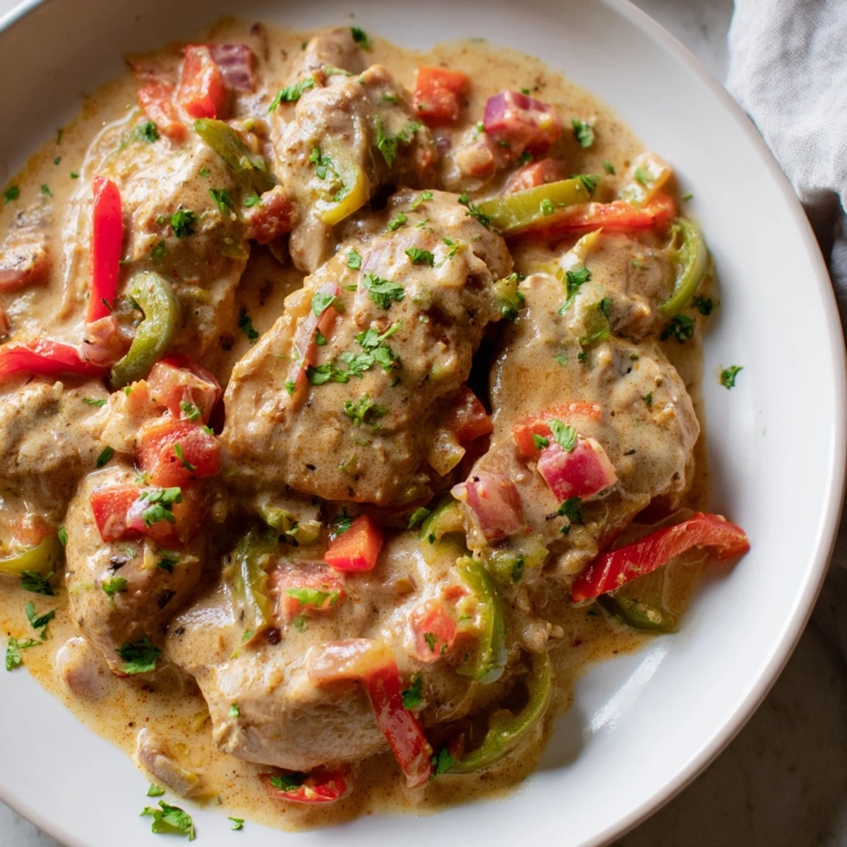 Sliced onions and peppers sizzle alongside tender chicken pieces in a skillet, creating a savory Brazilian Coconut Chicken dish.