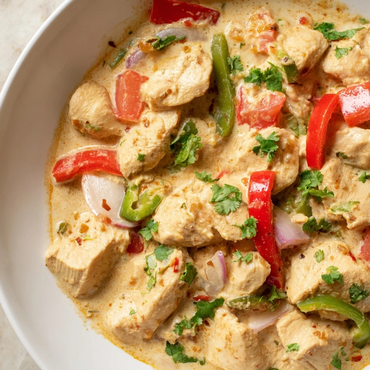 A close-up of a steaming bowl of Brazilian Coconut Chicken served over fluffy white rice with a lime wedge on the side.
