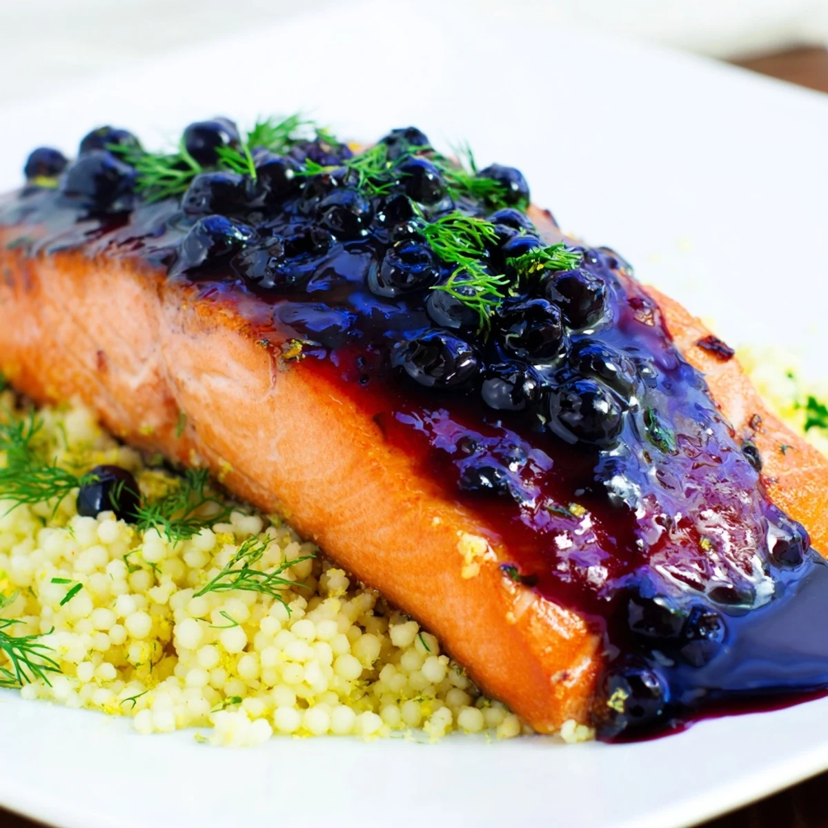 Glazed salmon fillets and lemon herb couscous plated with a vibrant blueberry sauce drizzle.
