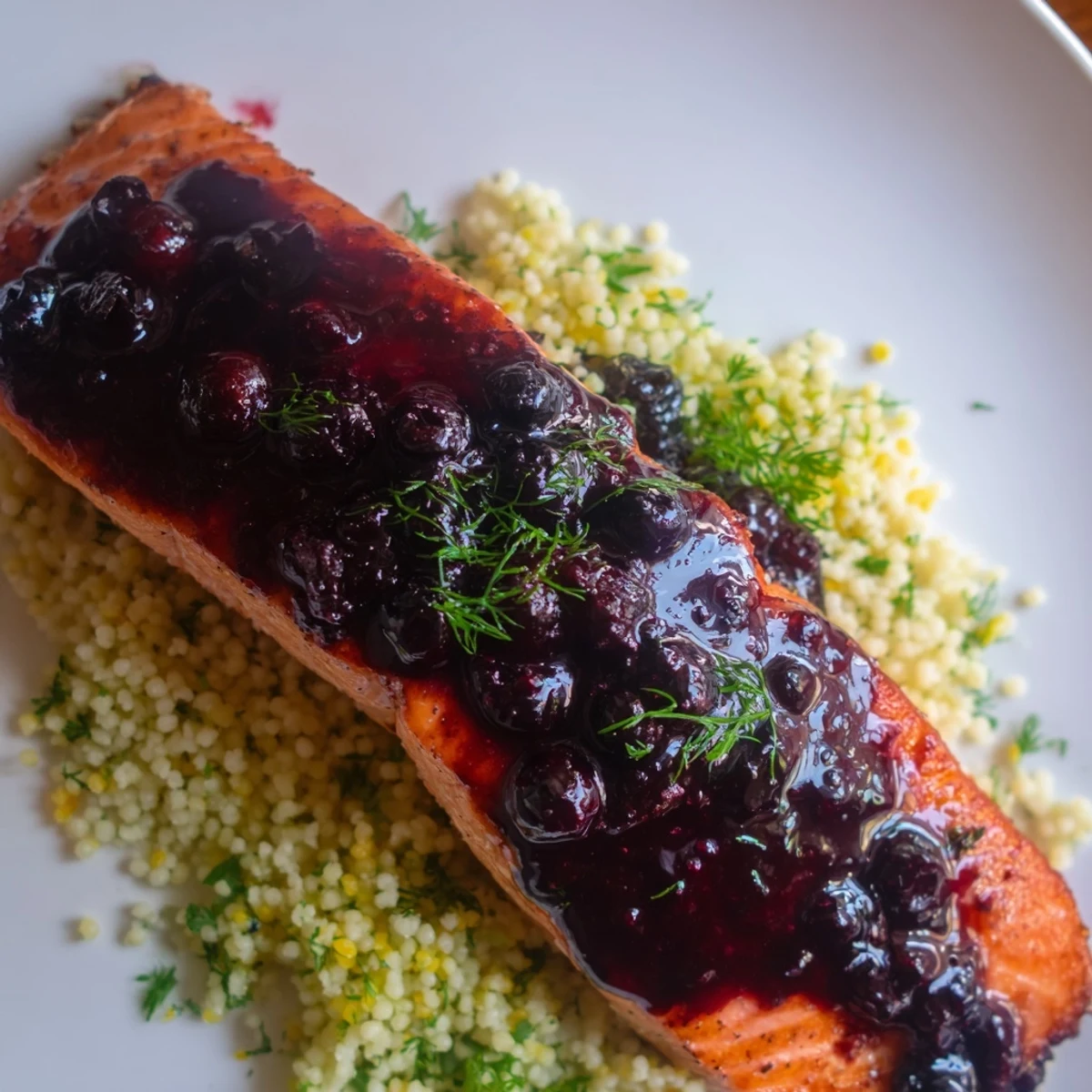 A close view of blueberry glazed salmon with lemon herb couscous highlighting the glossy glaze.