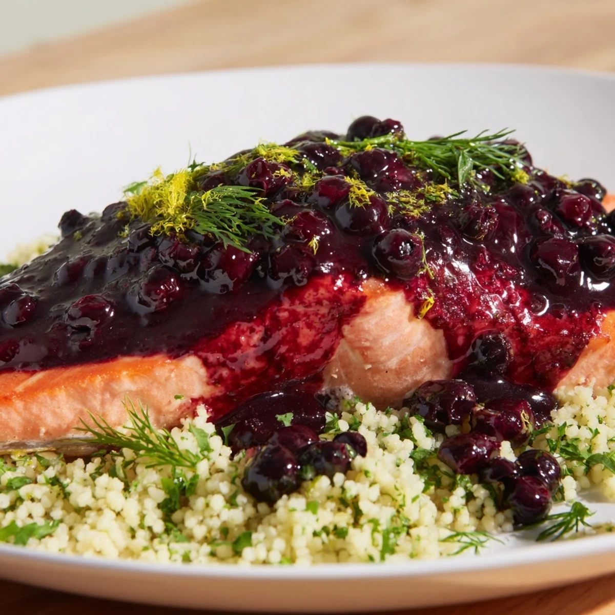 Blueberry glazed salmon with lemon herb couscous garnished with fresh parsley and lemon wedges.