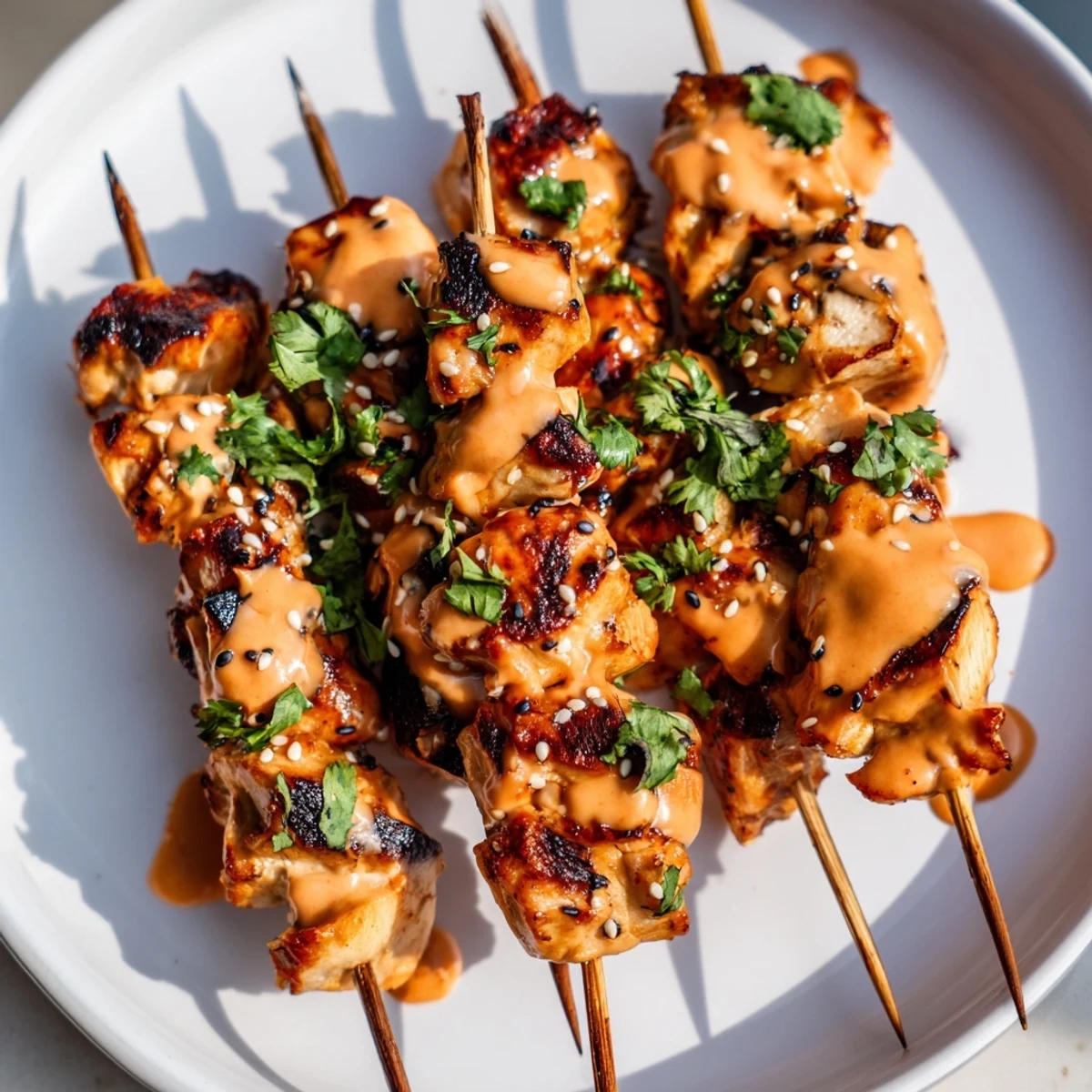 Tender grilled Bang Bang Chicken Skewers garnished with cilantro and lime wedges on a rustic serving platter.