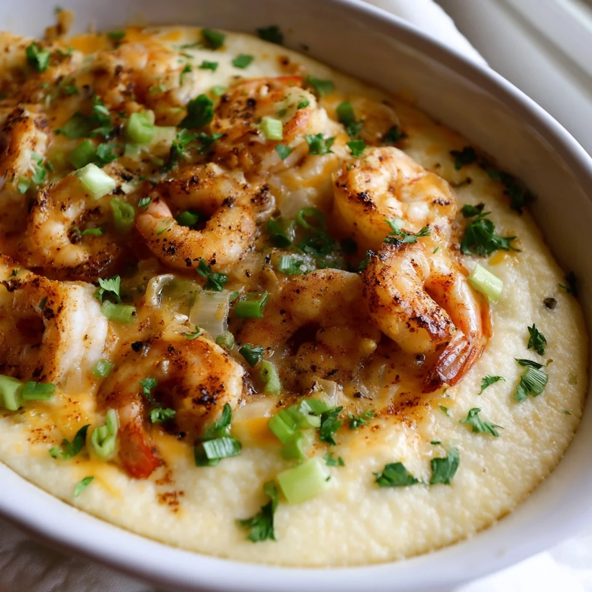 Easy Shrimp & Grits Casserole served warm in a white dish garnished with fresh parsley.