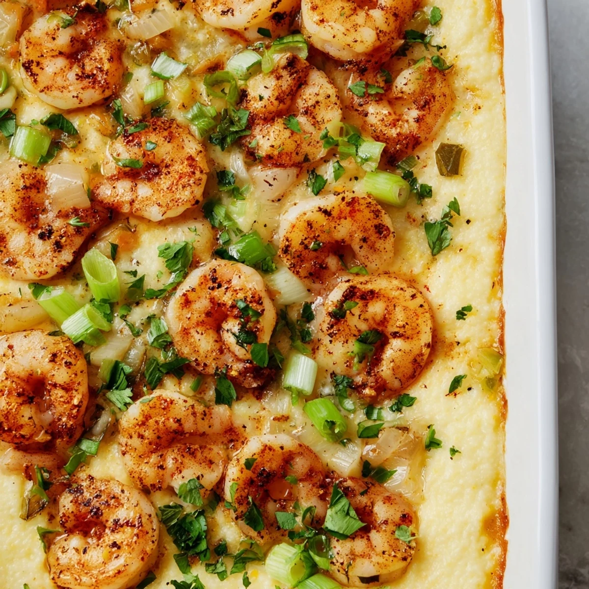 Southern Easy Shrimp & Grits Casserole features creamy cheddar grits and seasoned shrimp in skillet.