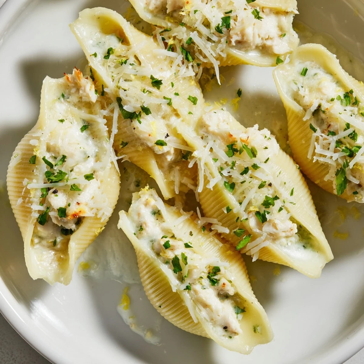 Creamy Seafood Stuffed Shells sit in a baking dish with golden melted cheese on top and rich white sauce.