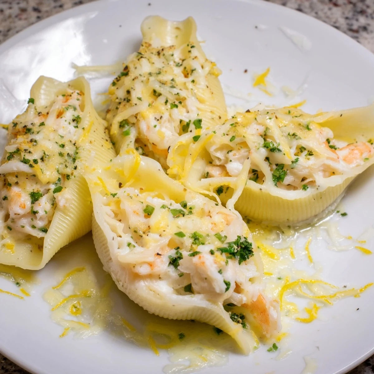 Freshly baked Creamy Seafood Stuffed Shells with a creamy sauce and lemon zest, plated for an Italian-American meal.