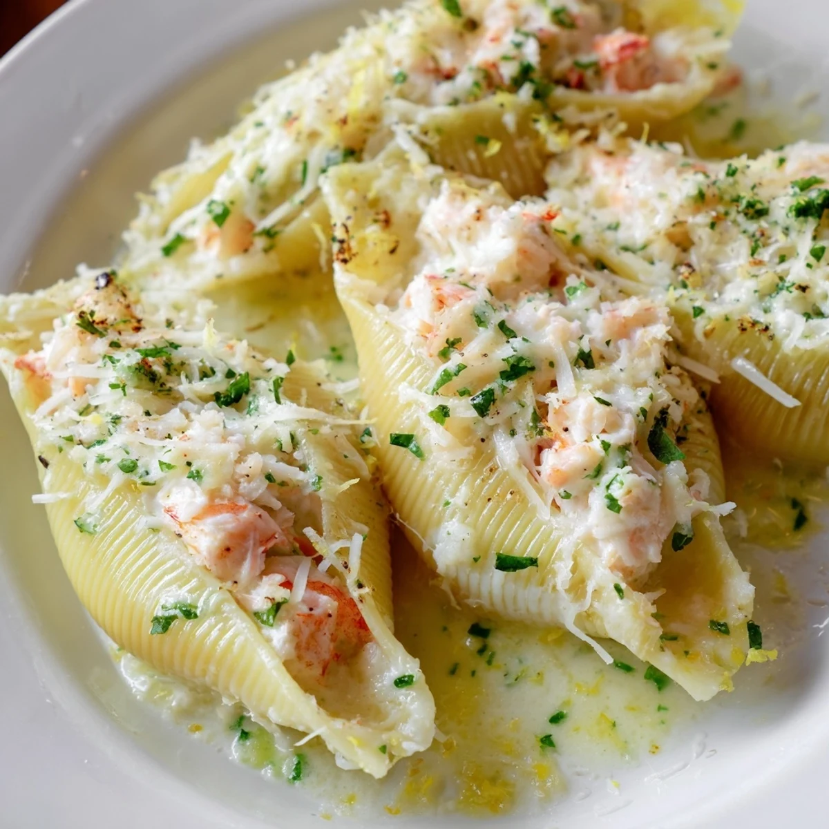 Tender pasta shells filled with shrimp and crab are ready to serve, garnished with fresh parsley for dinner.