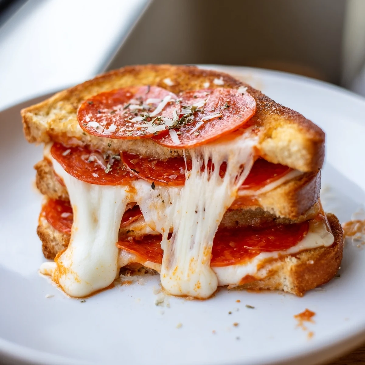 Sizzling Pizza Grilled Cheese in a skillet with fresh herbs and sauce.