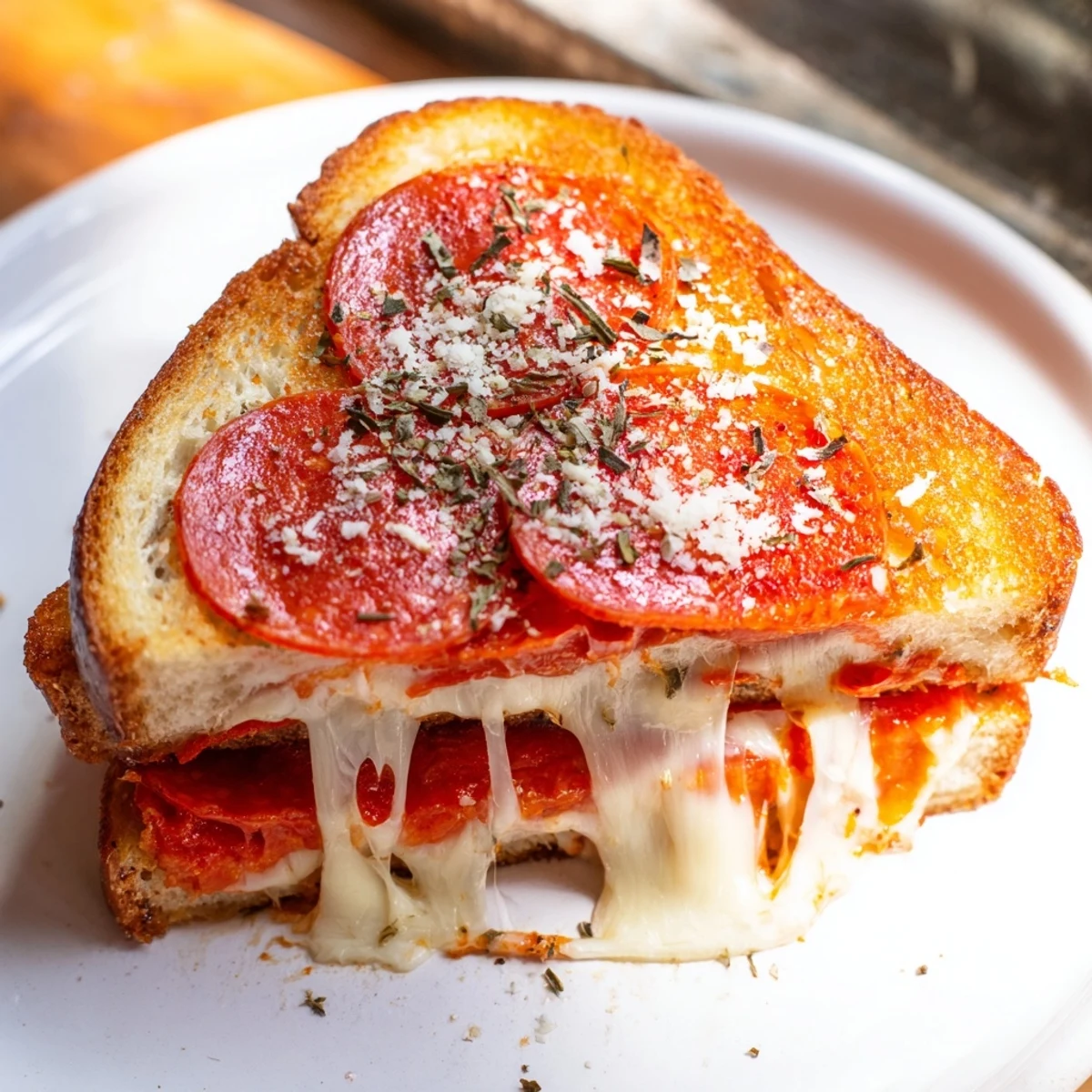 Golden-brown Pizza Grilled Cheese sandwiches oozing melted mozzarella on a plate.