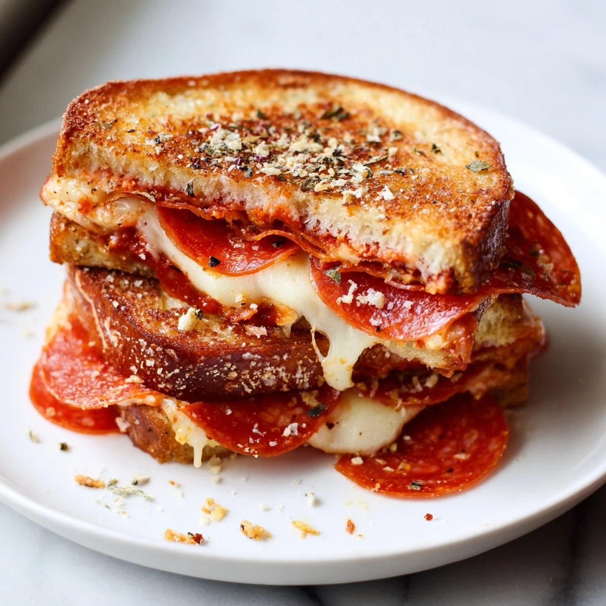 Two halves of a gooey Pizza Grilled Cheese served with a side of marinara.